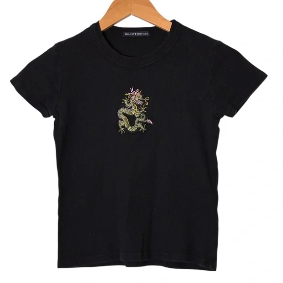 Brandy Melville | Black short sleeve crewneck crop top tee shirt dragon print - Picture 2 of 13